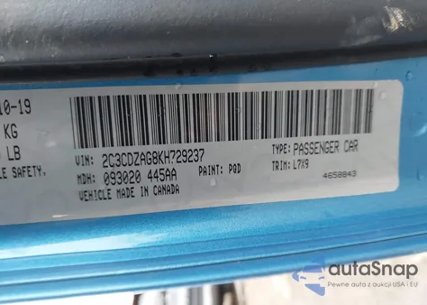 2019 Dodge Challenger Sxt z USA, uszkodzony, nr VIN 2C3CDZAG8KH729237